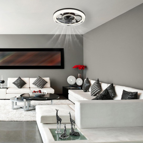 Plafonnier LED, ventilateur, noir, plastique, intensité variable, veilleuse, télécommande, 48 cm Ø