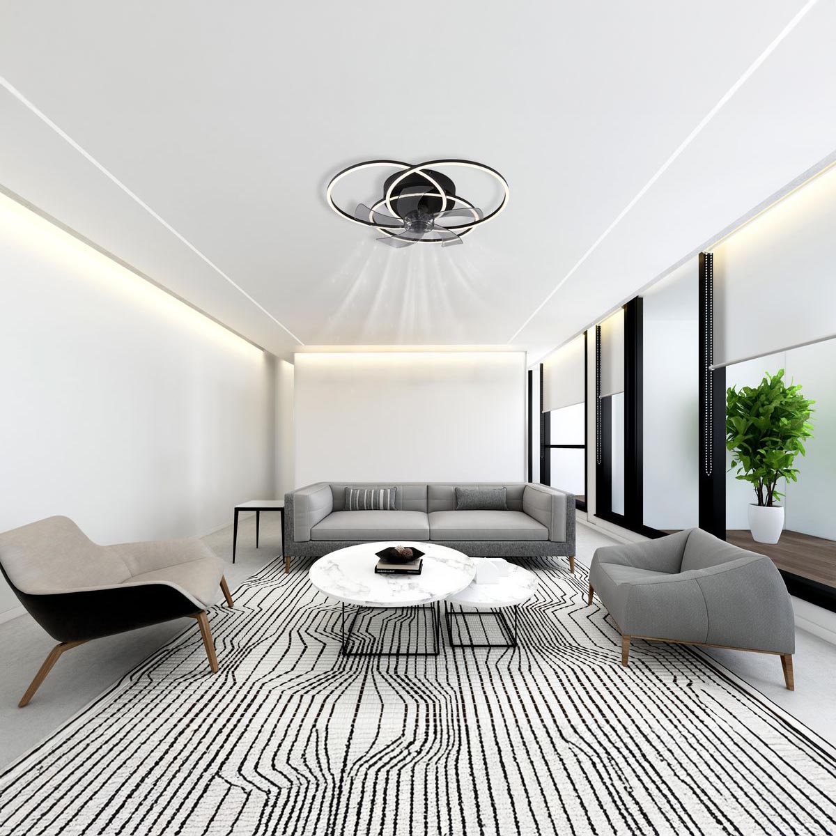 LED Deckenleuchte, Ventilator, Schwarz, Metall, Nachtlicht, CCT, Fernbedienung, 58 cm Ø