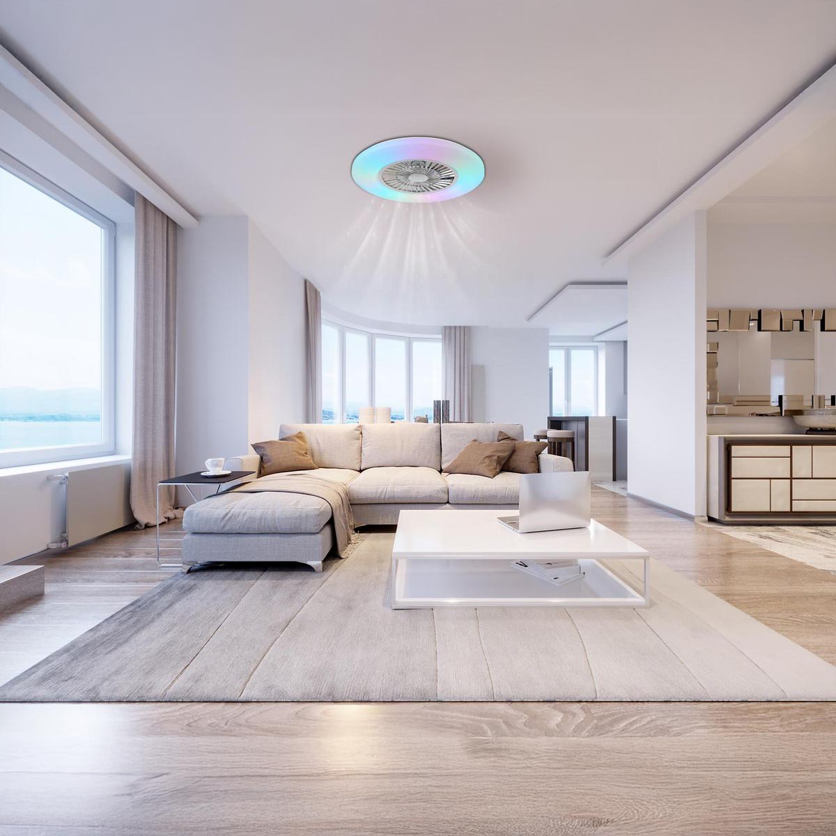 LED Deckenleuchte, Ventilator, Weiß, RGBW, CCT, Timer, Dimmbar, Fernbedienung, 60 cm Ø