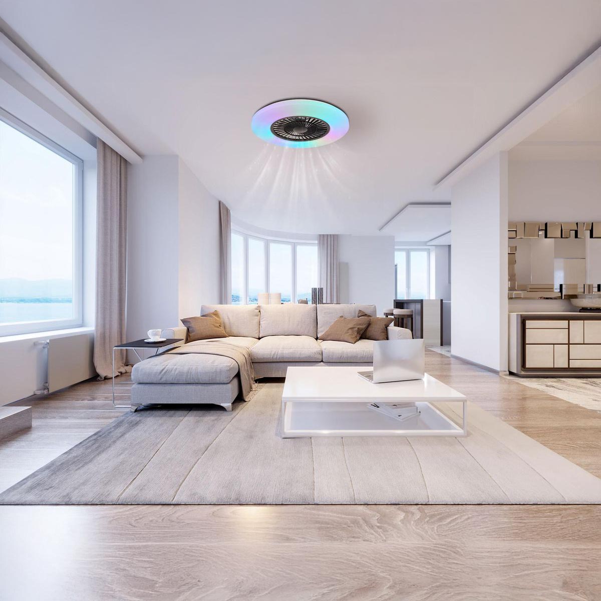 LED Deckenleuchte, Ventilator, Weiß, Nachtlicht, RGBW, Timer, Fernbedienung, 60 cm Ø