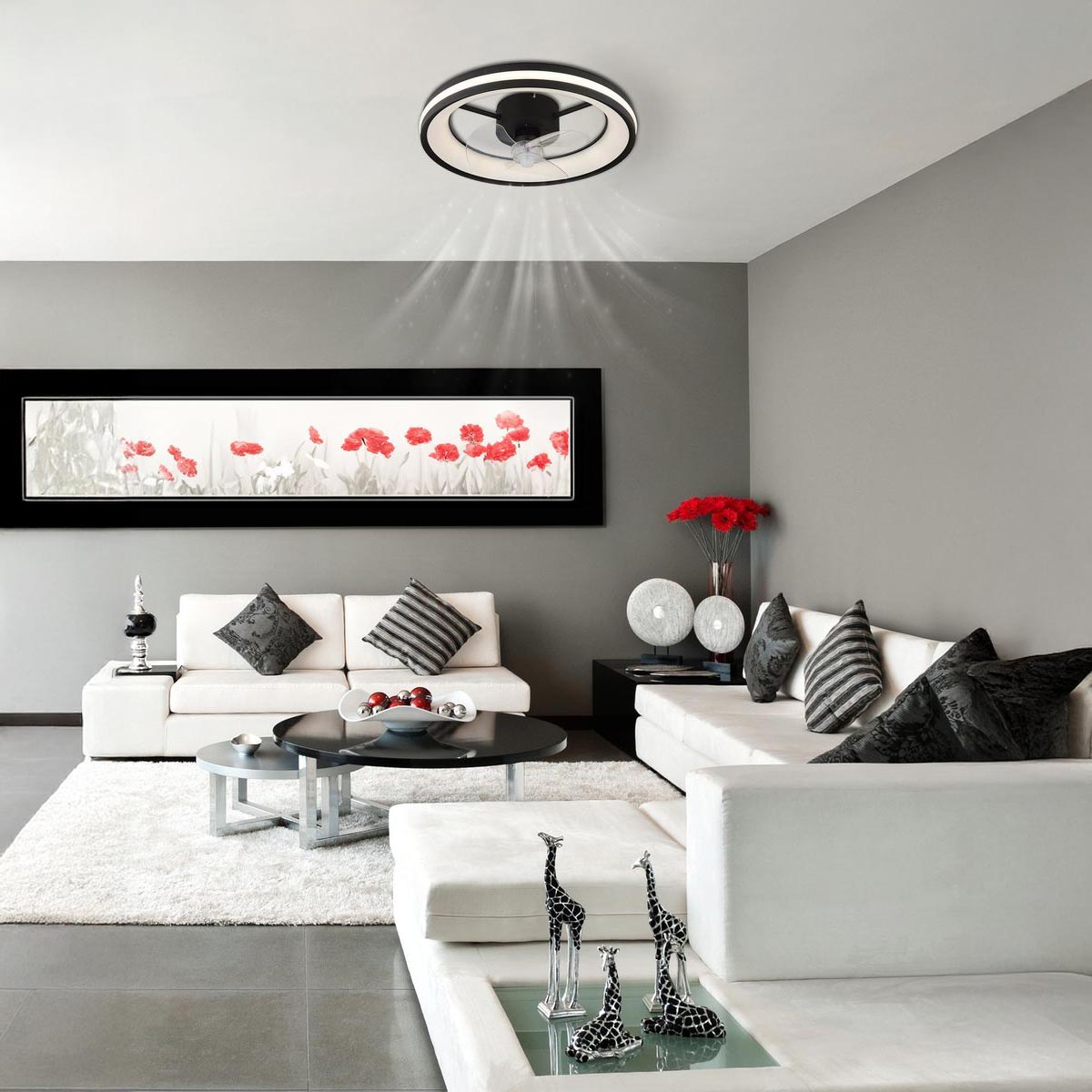 Plafonnier LED, ventilateur, noir, métal, CCT, veilleuse, minuterie, télécommande, 50 cm Ø