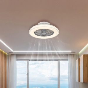 Plafonnier LED, ventilateur, chrome, cristaux acryliques, métal, veilleuse, minuterie, CCT, intensité variable, 50 cm Ø