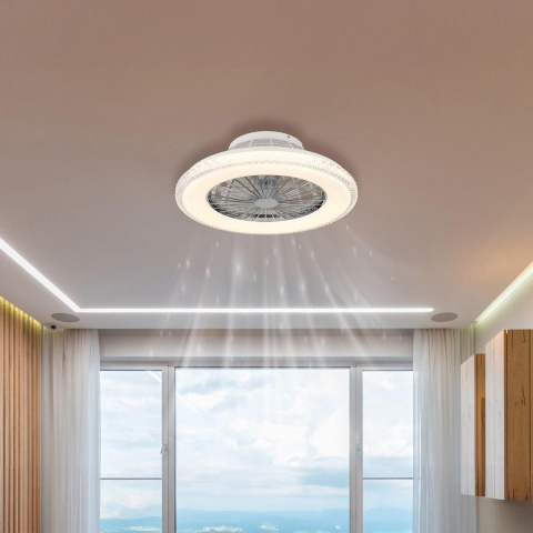 LED Deckenleuchte, Ventilator, Chrom, Acrylkristalle, Metall, Nachtlicht, Timer, CCT, Dimmbar, 50 cm Ø
