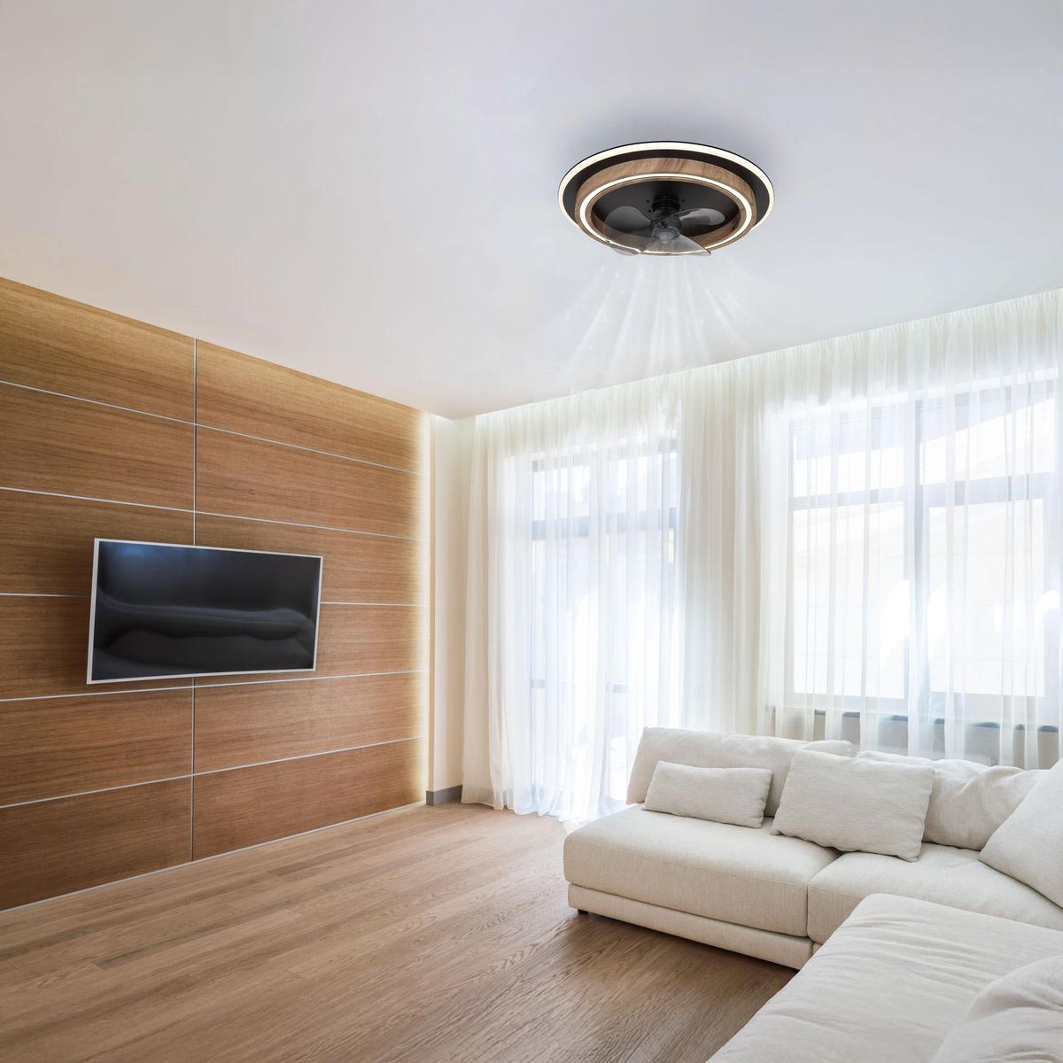 Plafonnier LED, ventilateur, noir, métal, CCT, variateur, minuterie, télécommande, 50 cm Ø