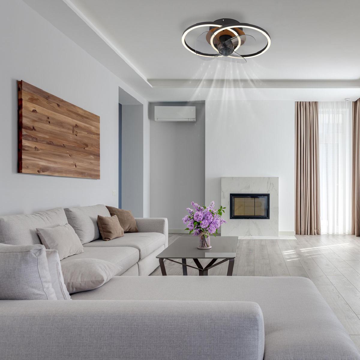 Plafonnier LED, ventilateur, noir, métal, CCT, variateur, veilleuse, minuterie, 42 cm x 28 cm