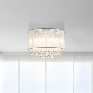 Deckenleuchte, LED, Metall, Seide, Glaskristalle, Silber, 40 cm Ø