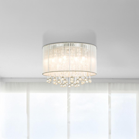 Deckenleuchte, LED, Metall, Seide, Glaskristalle, Silber, 40 cm Ø