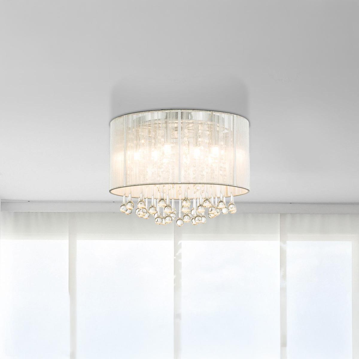 Deckenleuchte, LED, Metall, Seide, Glaskristalle, Silber, 40 cm Ø