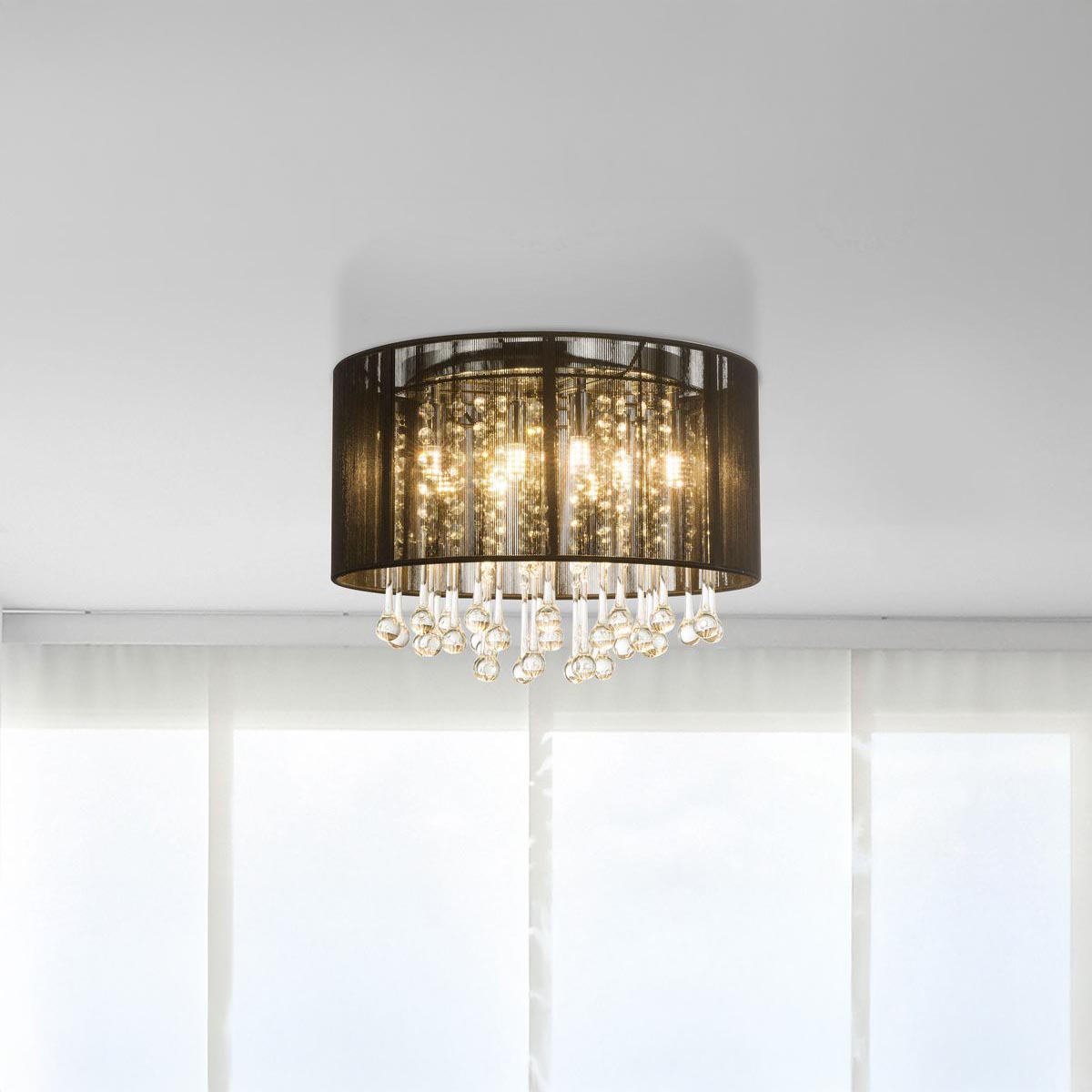 Deckenleuchte, LED, Metall, Glaskristalle, Seide, Schwarz, Chrom, 40 cm Ø
