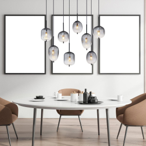 Suspension, noire, métal, verre, couleur fumée, 8 sources lumineuses, 103 cm x 33 cm