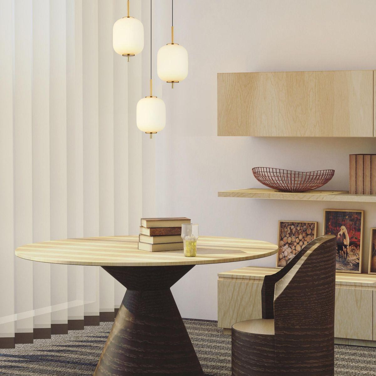 LED Pendelleuchte, Messing, 3 Schirme, Glas, Opal, 220 cm Höhe