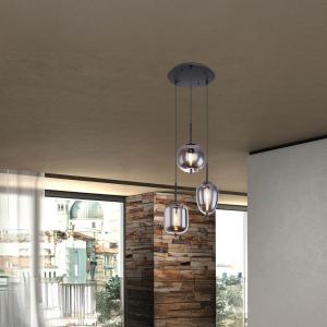 Pendelleuchte, Metall, Glas, Schwarz, Rauchfarbig, 46 cm Ø