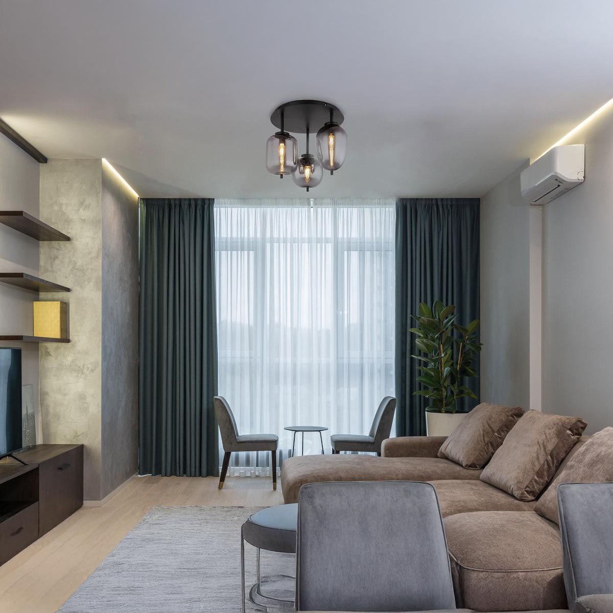 Plafonnier, métal, noir, verre, couleur fumée, 46 cm Ø