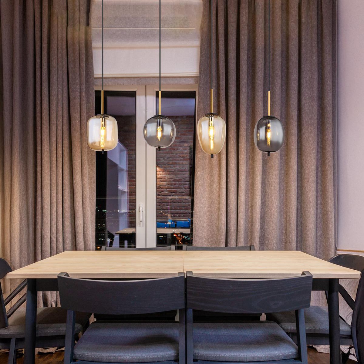 Pendelleuchte, Metall, Glas, Amber, Rauchfarbe, Schwarz, 4 Strahler, 110 cm x 19 cm