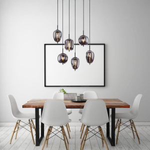 Pendelleuchte, Metall, Schwarz, Glas, Rauchfarbe, 6 Brennstellen, 80 cm x 34 cm