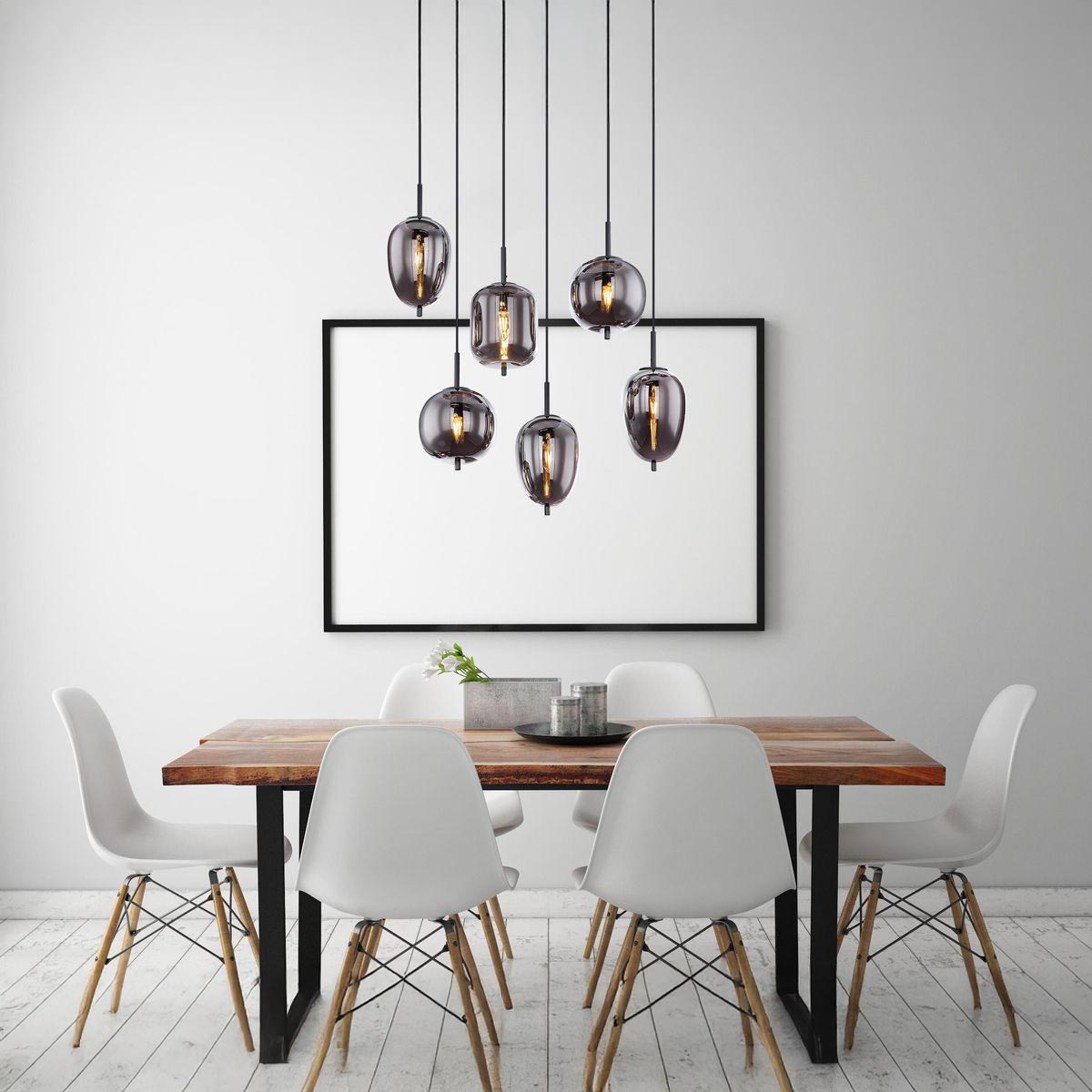 Pendelleuchte, Metall, Schwarz, Glas, Rauchfarbe, 6 Brennstellen, 80 cm x 34 cm