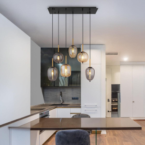 Pendelleuchte, Metall, Glas, Amber, Rauchfarbe, Schwarz, 80 cm x 34 cm