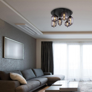 Deckenleuchte, Metall, Glas, Rauchfarbe, Schwarz, 6 Brennstellen, Ø 63 cm