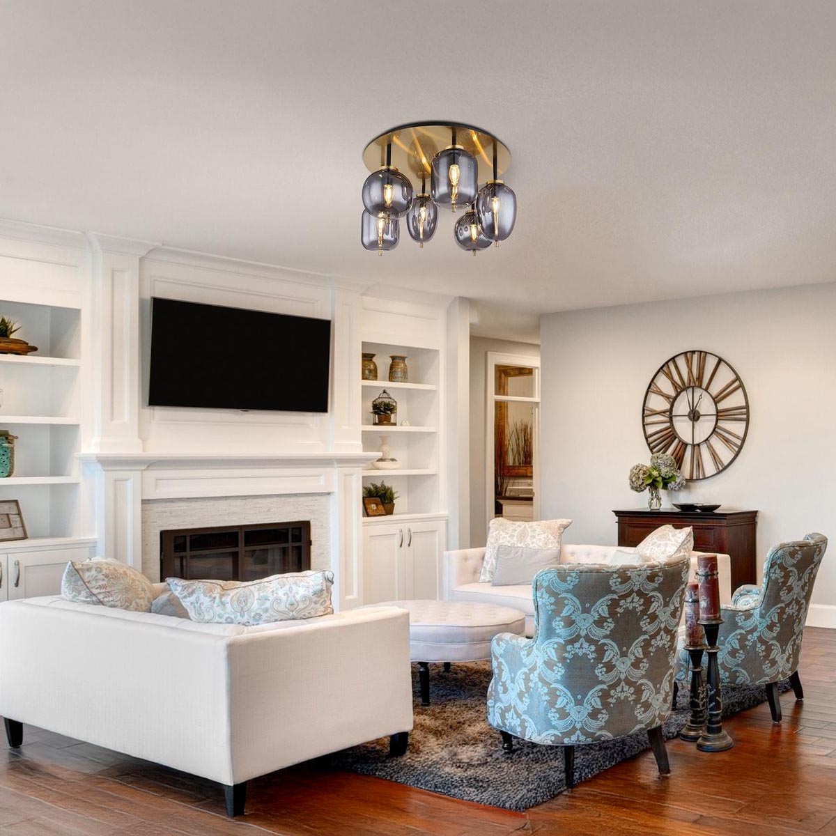 Deckenleuchte, Metall, Glas, Messing, Rauchfarbe, 6 Brennstellen, 63 cm Ø