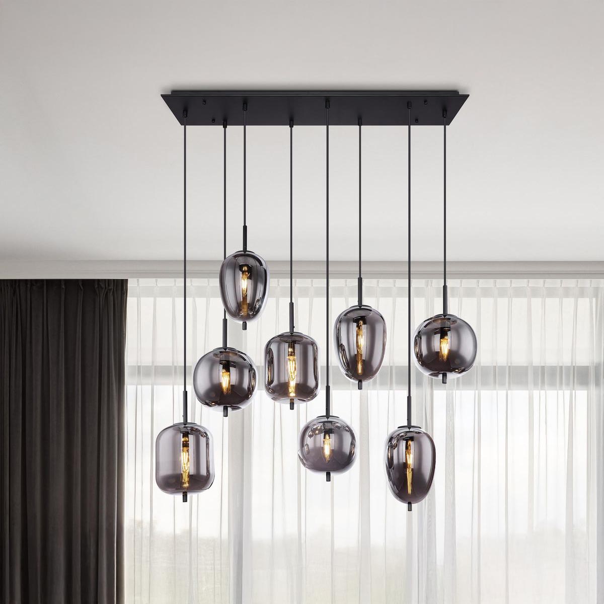 Pendelleuchte, Metall, Schwarz, Rauchfarbig, Glas, 8 Flammig, 94 cm x 34 cm