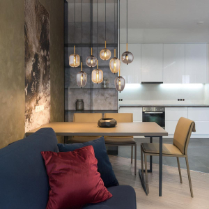 Pendelleuchte, Metall, Schwarz, Glas, Rauchfarbe, Amber, 8 Brennstellen, 103 cm x 34 cm