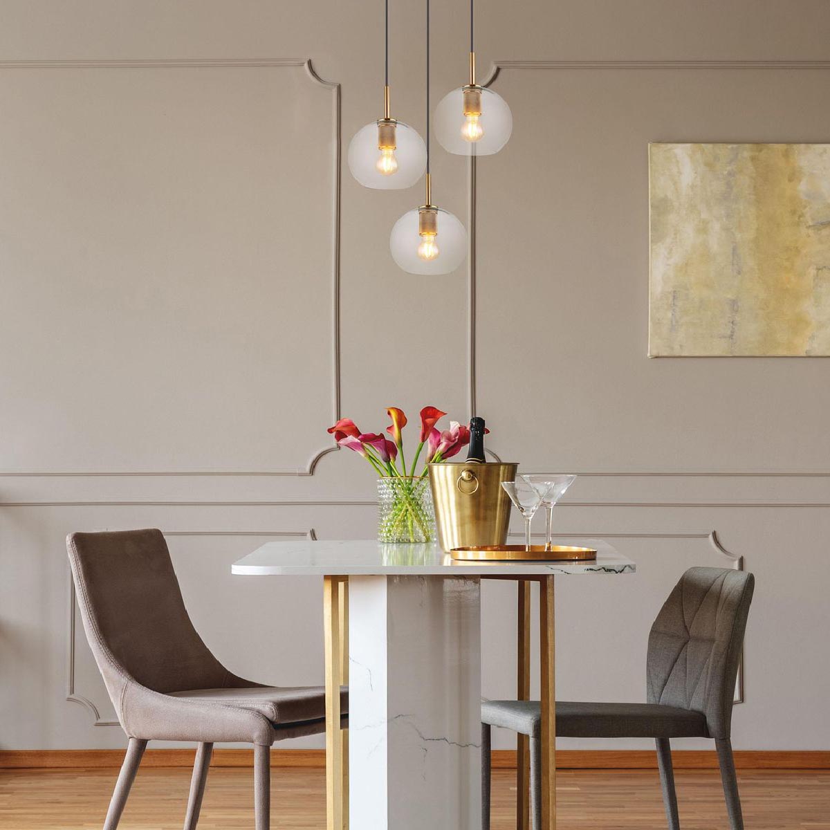 Suspension, laiton, métal, verre, transparent, E27, 47 cm Ø