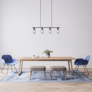 Suspension, noir, métal, verre, couleur fumée, 4 spots, 98 cm x 10 cm