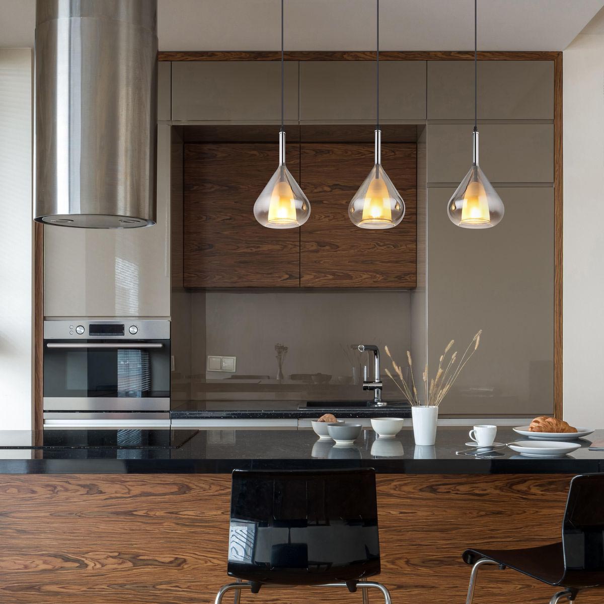 Pendelleuchte, Metall, Schwarz, Glas, Rauchfarbe, 3 Strahler, 90 cm x 20 cm