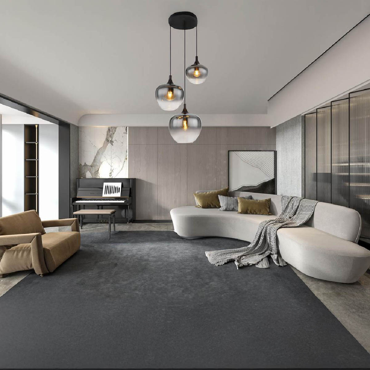 Pendelleuchte, Metall, Schwarz, Glas, Rauchfarbe, 48 cm Ø