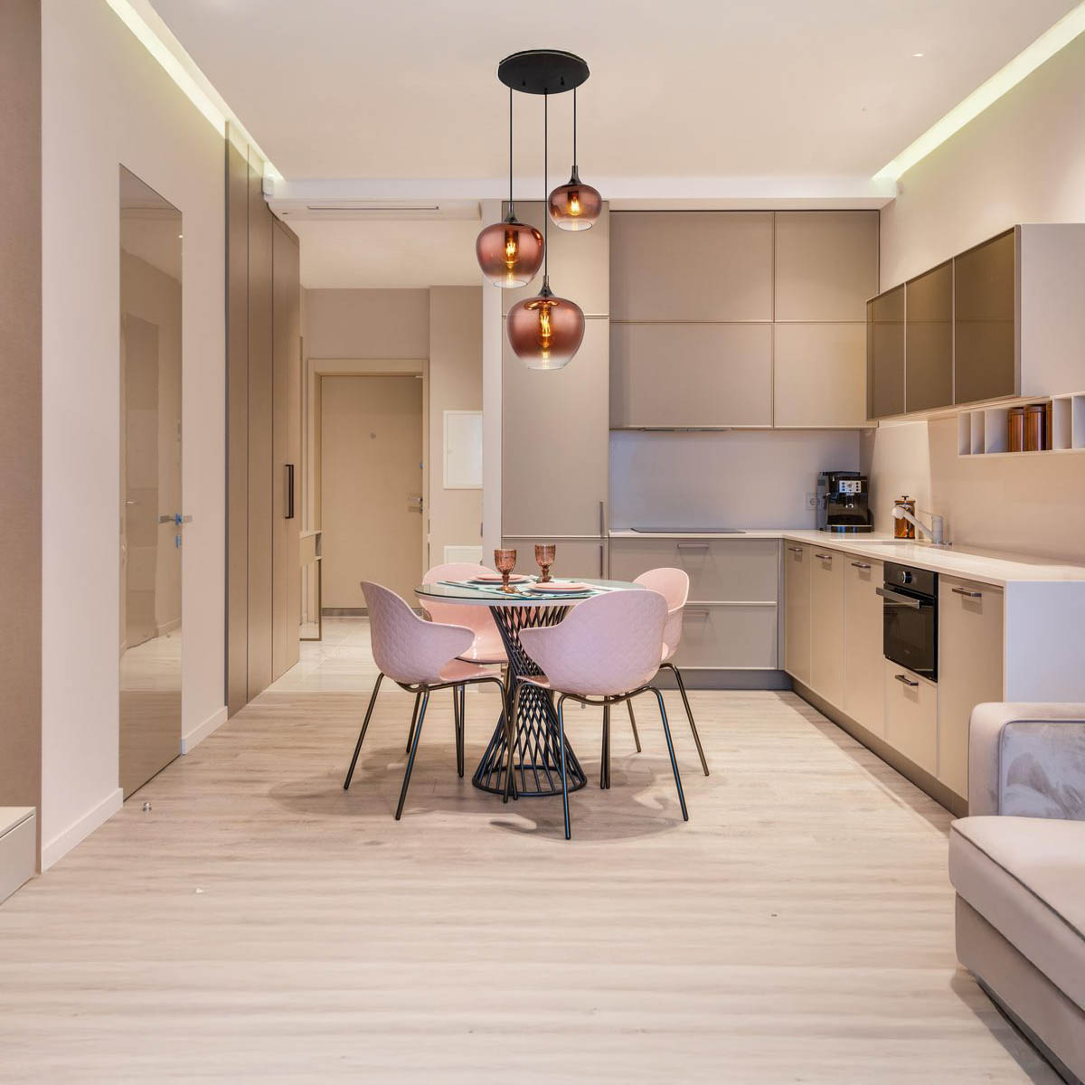 Pendelleuchte, Metall, Glas, Schwarz, Kupfer, 3 Lichtquellen, 48 cm Ø