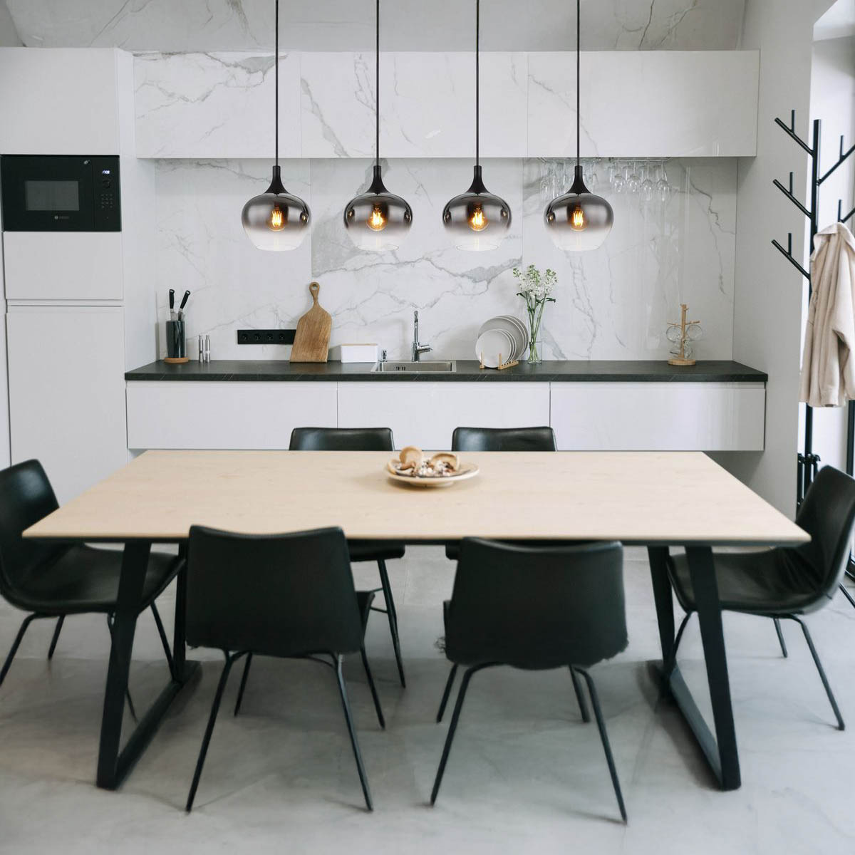 Pendelleuchte, Metall, Glas, Schwarz, Rauchfarbe, 4 Brennstellen, 100 cm x 18 cm