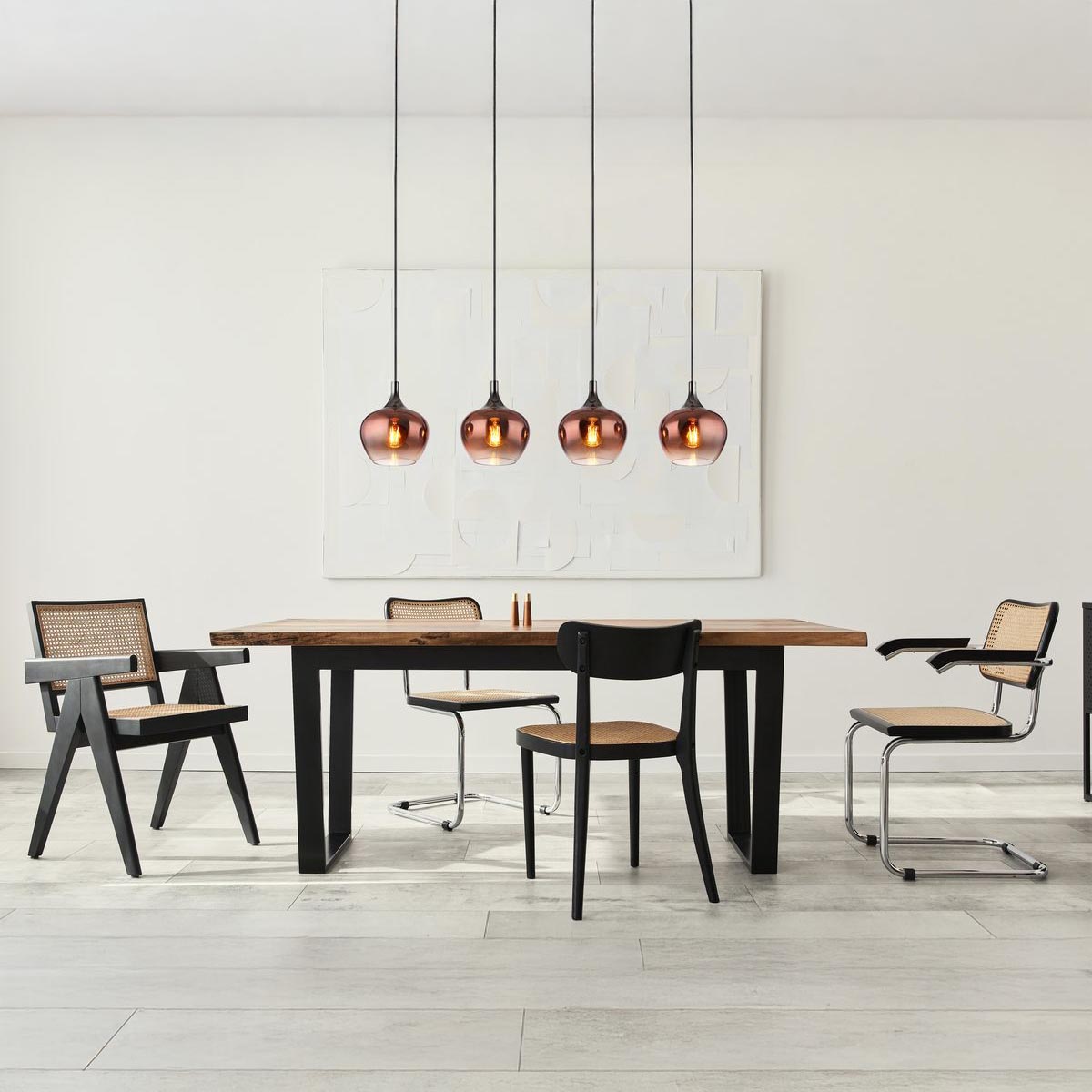 Pendelleuchte, Metall, Glas, Schwarz, Kupfer, 4 Lichtquellen, 100 cm x 18 cm