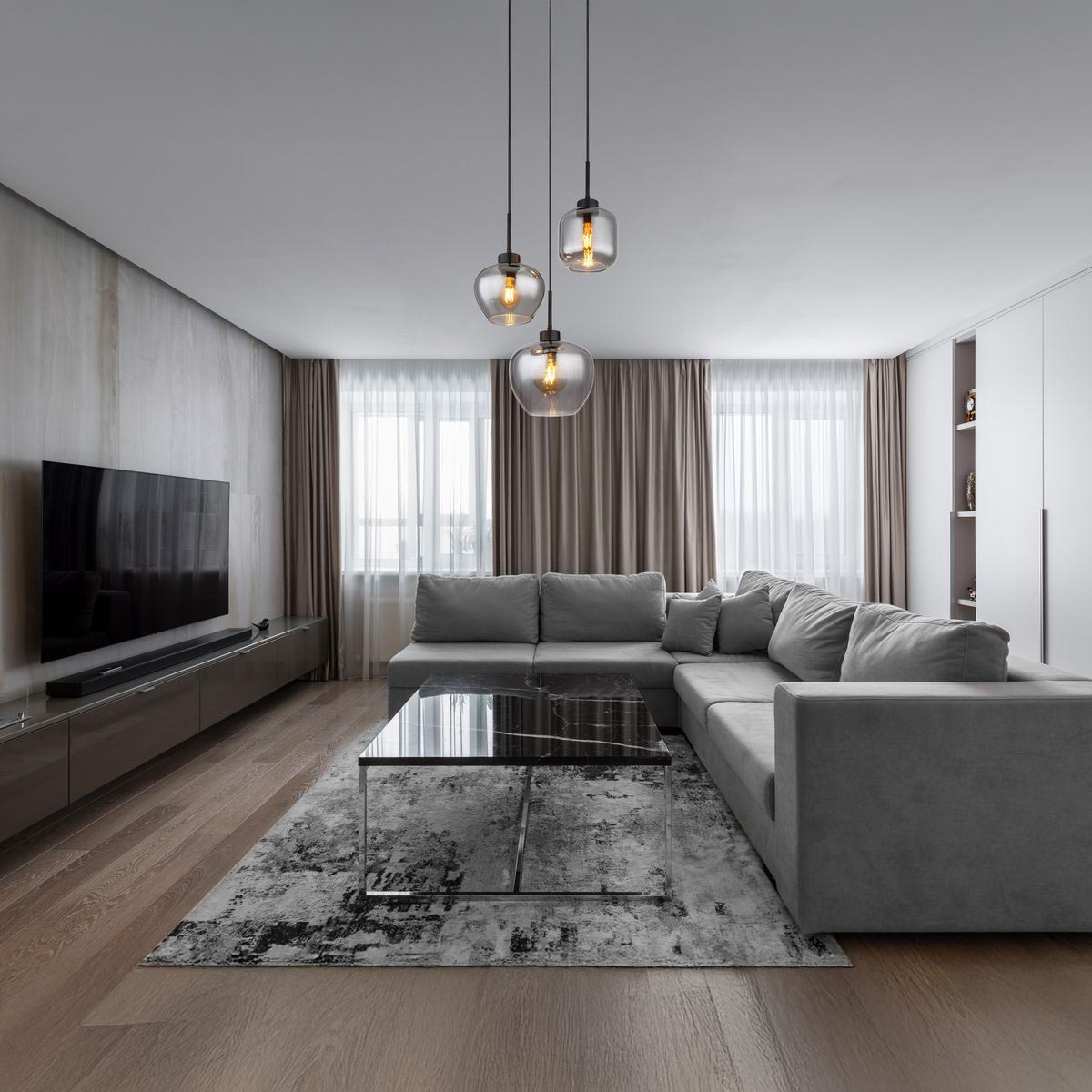 Pendelleuchte, Metall, Glas, Rauchfarbe, 38 cm Ø