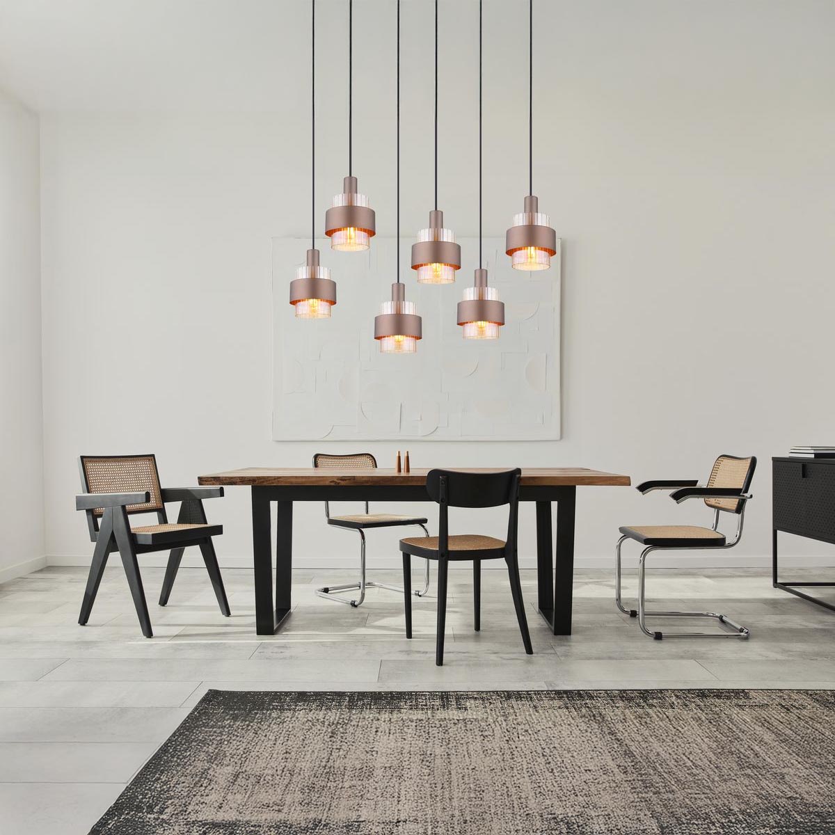 Pendelleuchte, Metall, Glas, Schwarz, Amber, 6 Brennstellen, 96 cm x 35 cm