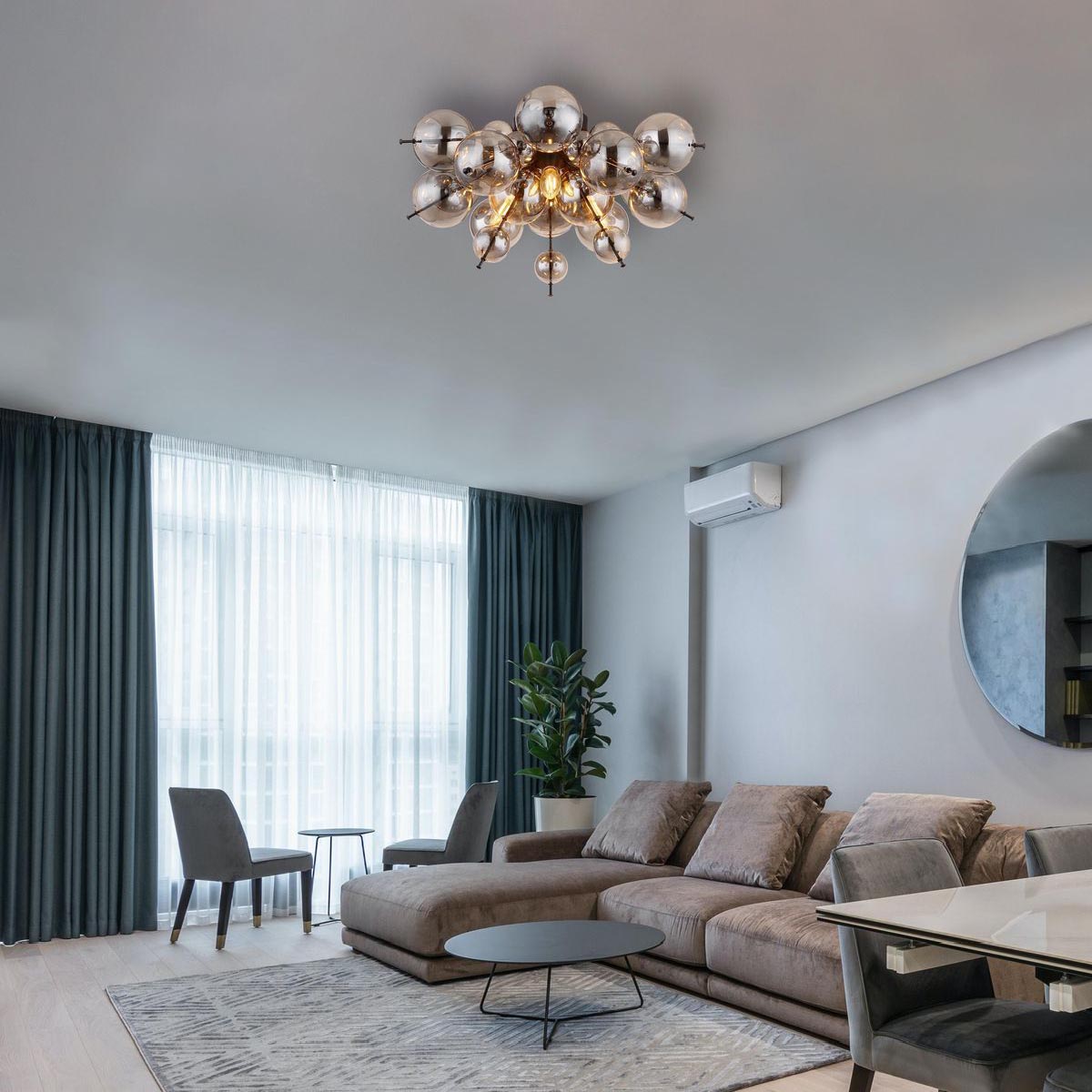 Deckenleuchte, Metall, Schwarz, Glas, Rauchfarbe, Kugeln, 55 cm Ø