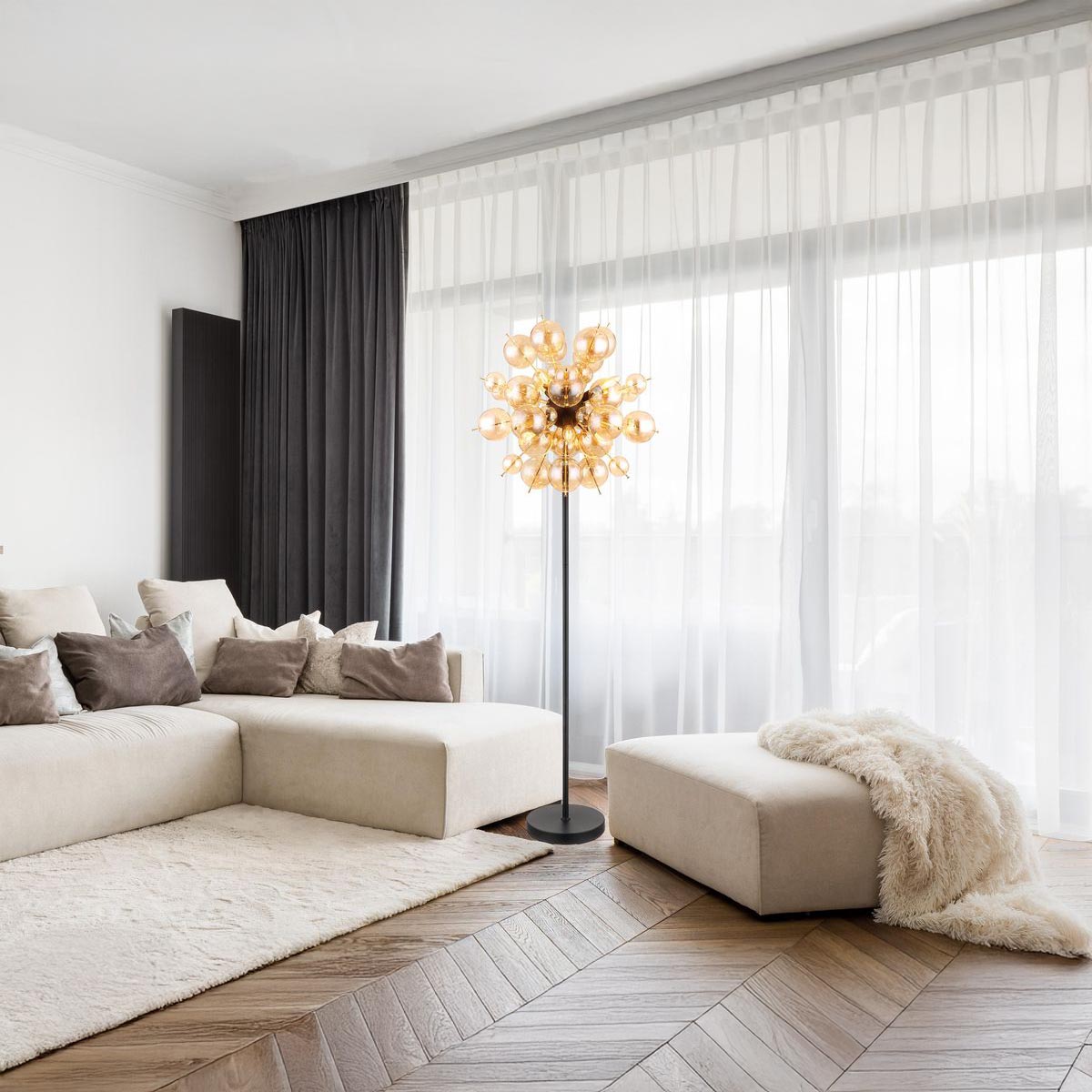 Stehleuchte, Metall, Glas, Amber, Schwarz, Gold, Kugeln, Schalter, 155 cm Höhe