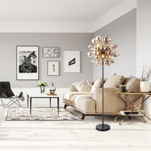 Lampadaire, métal, verre, boules, 6 points lumineux, hauteur 155 cm