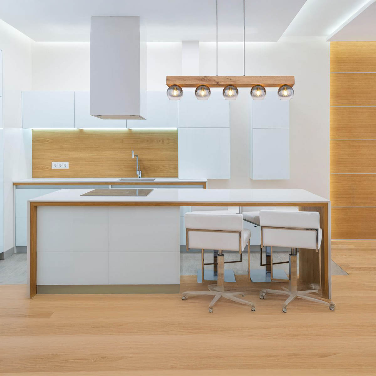 Pendelleuchte, Metall, Glas, Schwarz, Holzoptik, Höhe verstellbar, 115 cm x 15 cm