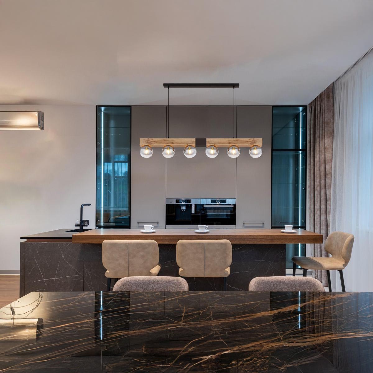 Pendelleuchte, Holzoptik, Metall, Glas, Schwarz, Rauchfarbe, 6 Strahler, 140 cm x 15 cm