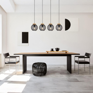 Pendelleuchte, Metall, Holz, Schwarz, 4 Strahler, 95 cm x 20 cm