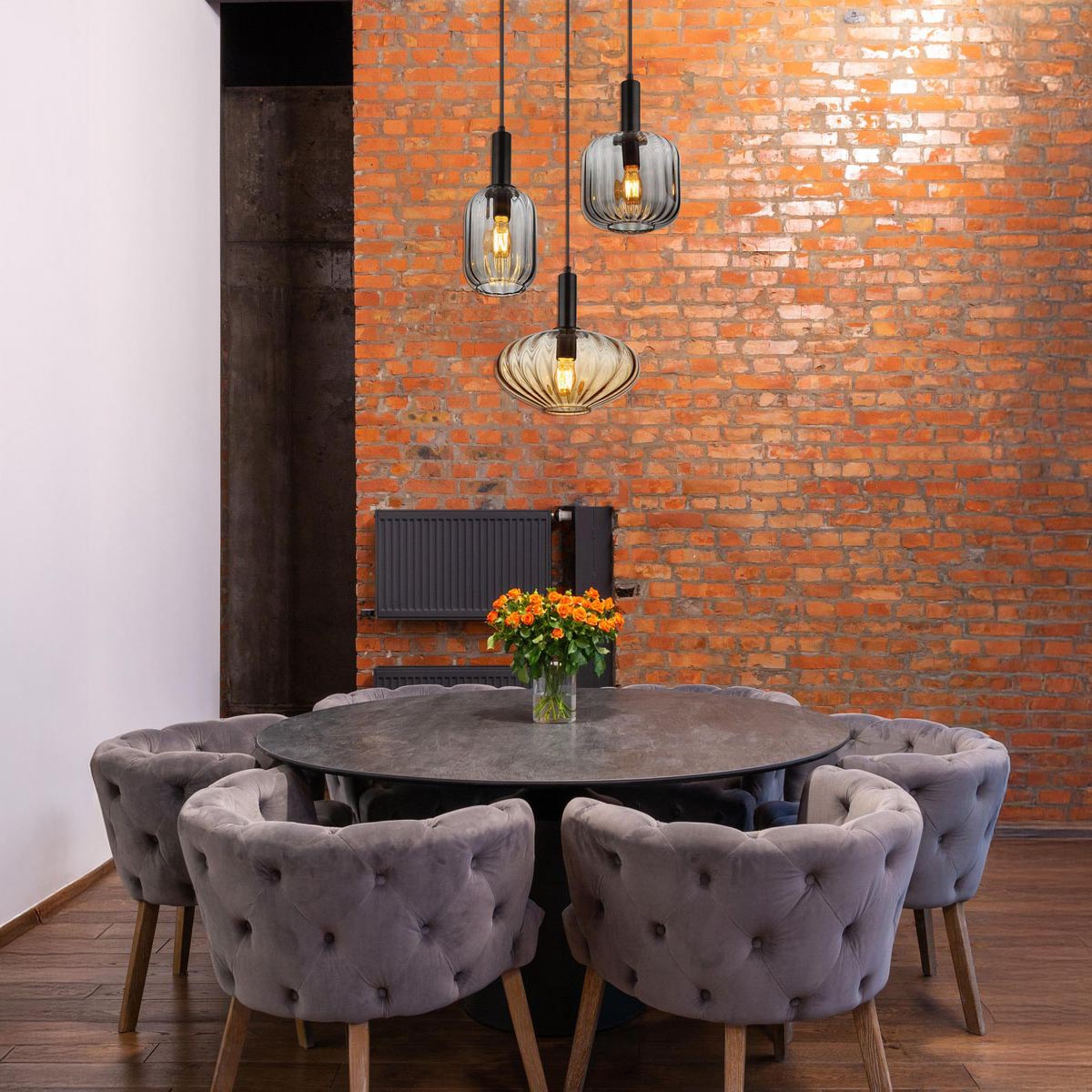 Pendelleuchte, Metall, Glas, Schwarz, Amber, Rauchfarbe, 55 cm Ø