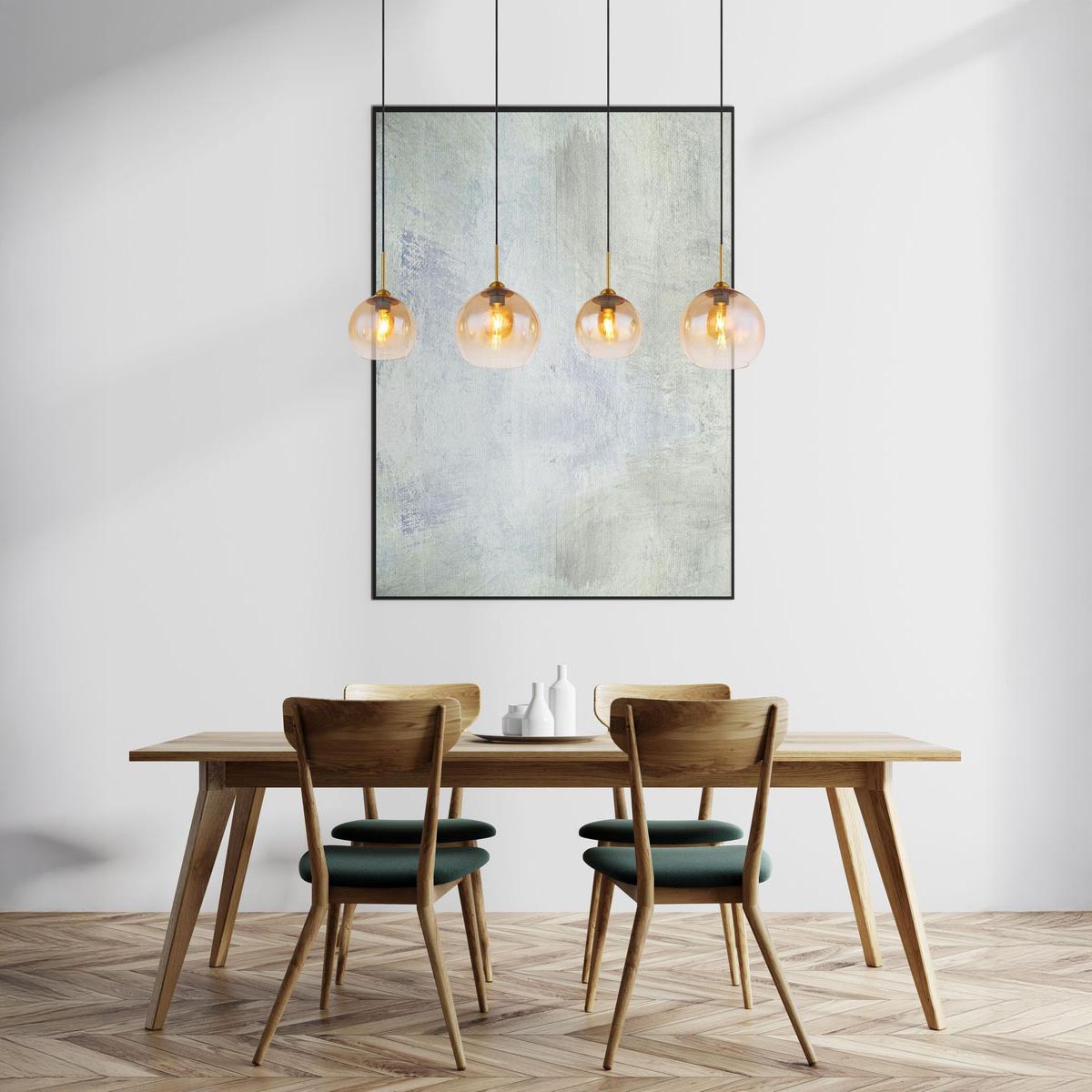 Pendelleuchte, Metall, Glas, Amber, Messing, Schwarz, 4 Brennstellen, 120 cm x 25 cm