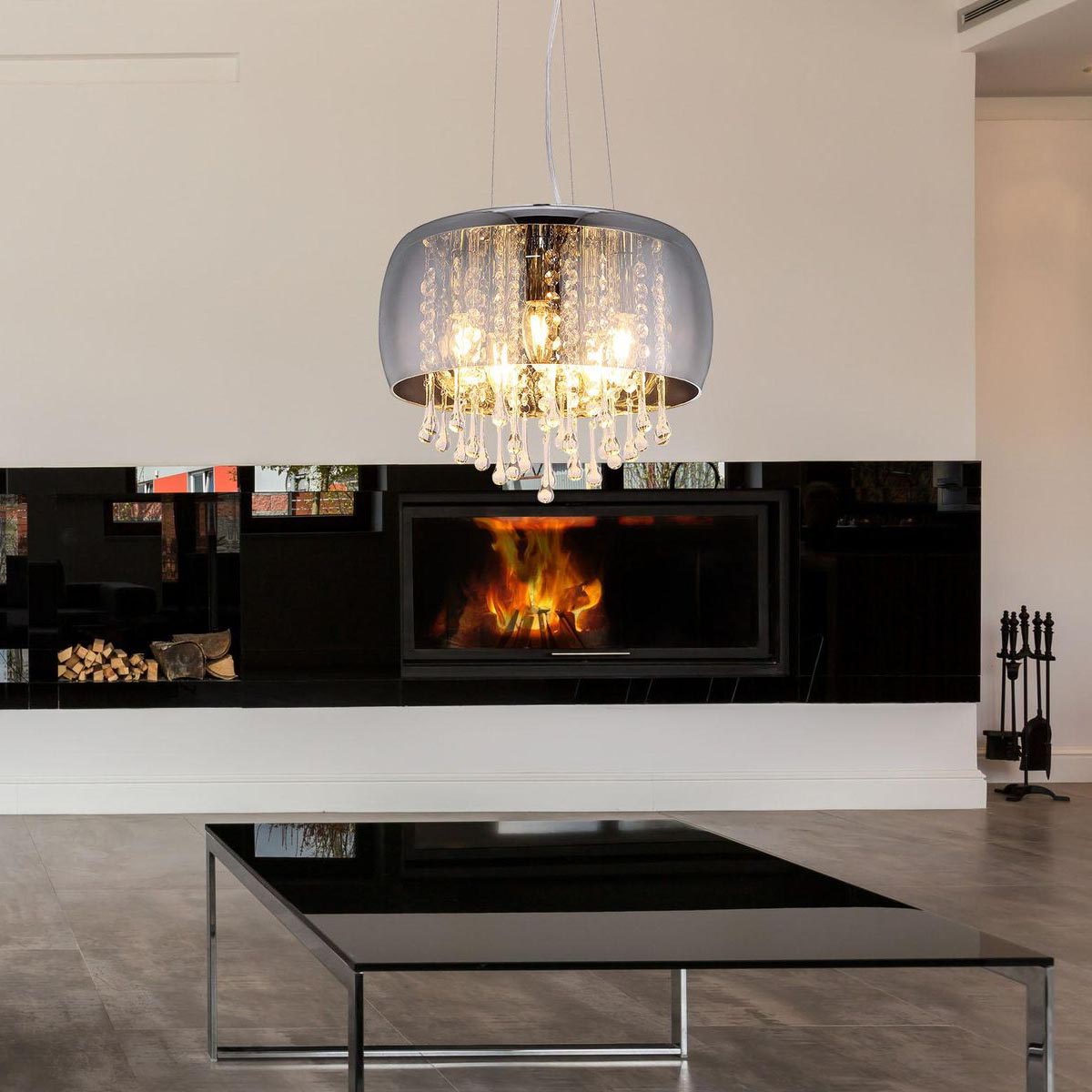 Pendelleuchte, Metall, Glas, Chrom, 35 cm Ø