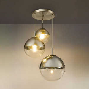 Pendelleuchte, Metall, Glas, Kugelform, Nickel, 3 Strahler, 51 cm Ø