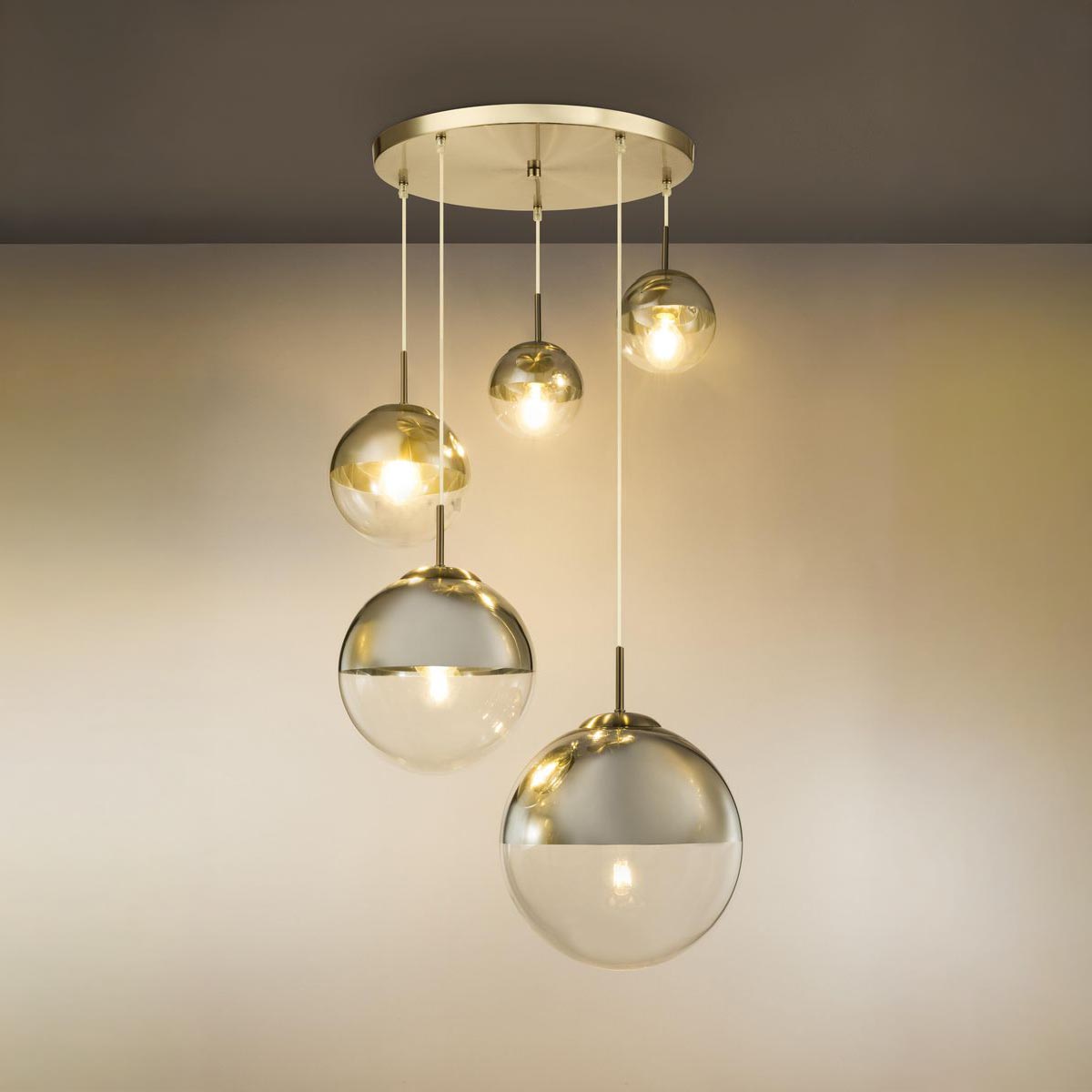 Pendelleuchte, Nickel, Rund Ø65 cm, 5 Brennstellen, 150 cm Höhe, Metall, LED geeignet, IP20, Stromsparend.