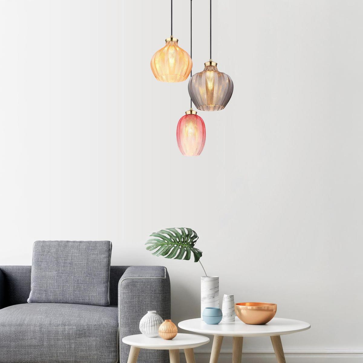 Pendelleuchte, Metall, Glas, Gold, Bunt, 3 Lichtquellen, 45 cm Ø