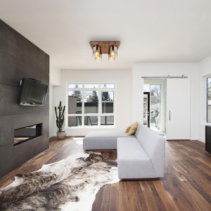 Deckenleuchte, MDF, Glas, Holzoptik, Rauchfarbe, 4 Lichtquellen, 41 cm x 41 cm