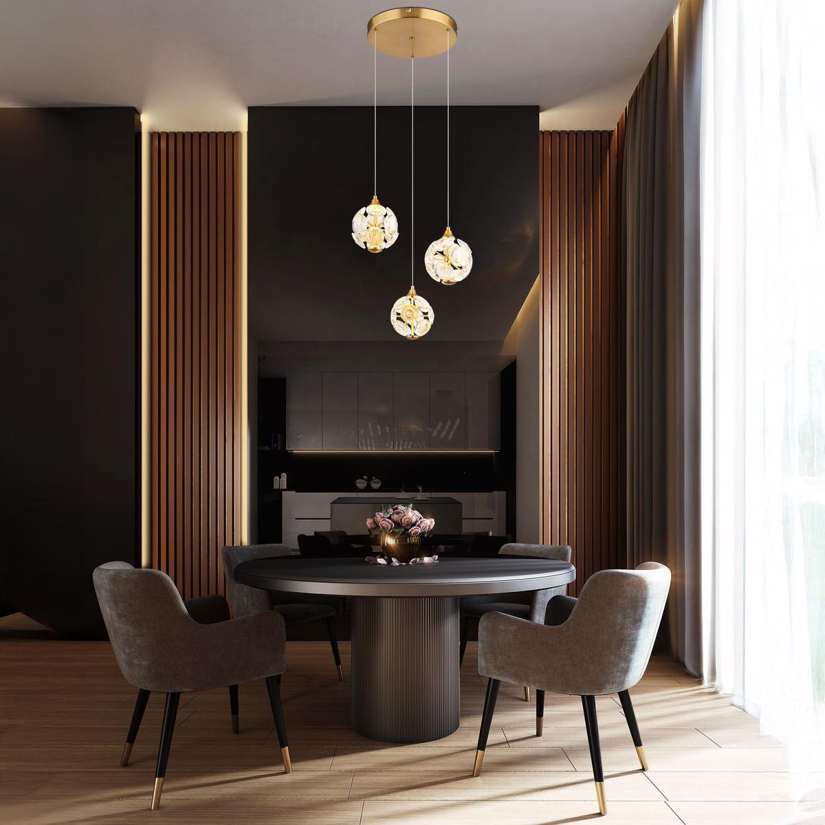 Suspension LED, métal, cristaux K9, dorée, 3 sources lumineuses, 41 cm de diamètre