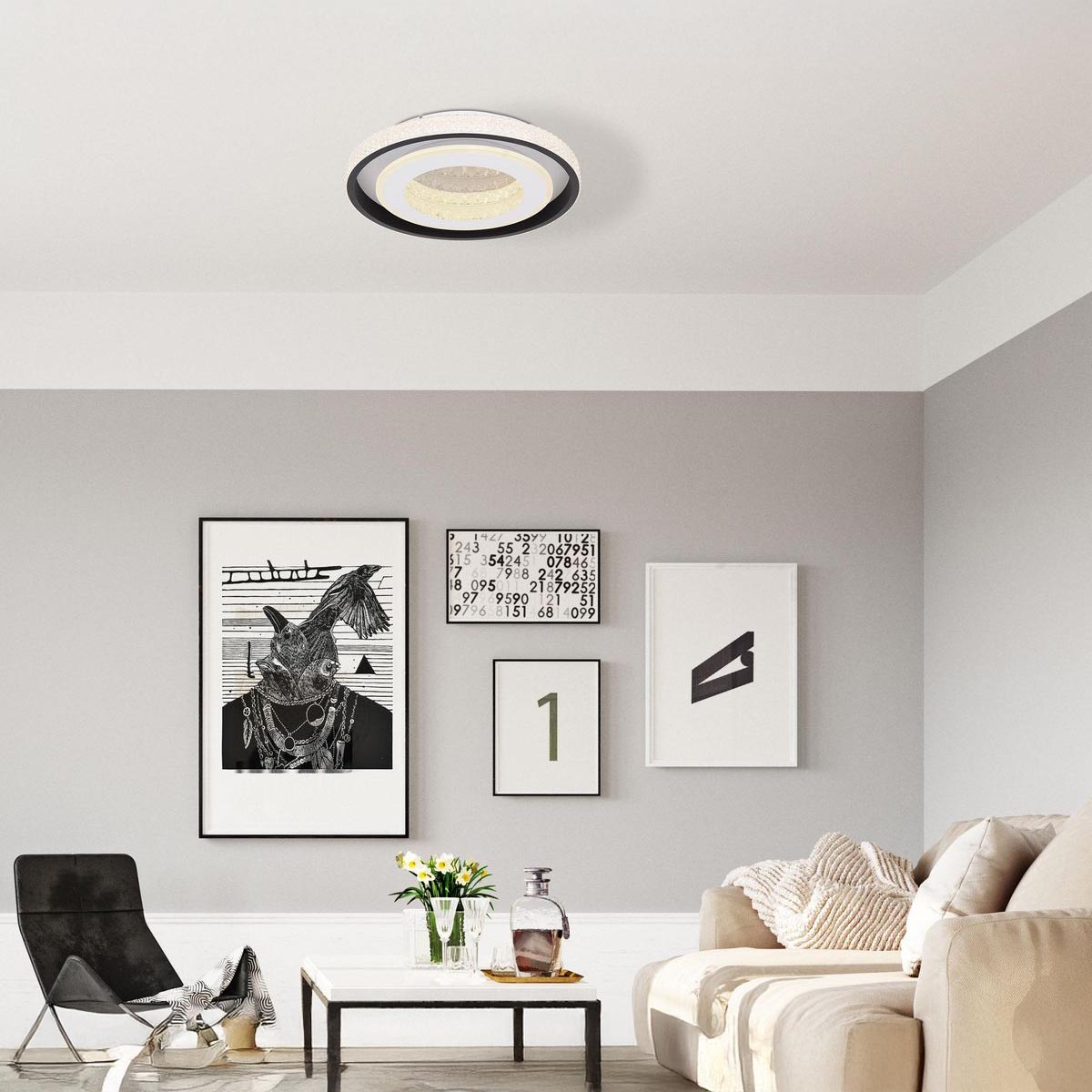 LED Deckenleuchte, Metall, Acrylkristalle, Dimmer, CCT, Fernbedienung, 50 cm Ø