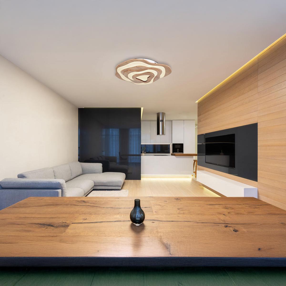 LED Deckenleuchte, Holz, Braun, Weiß, CCT, Dimmer, Fernbedienung, 58 cm x 50 cm